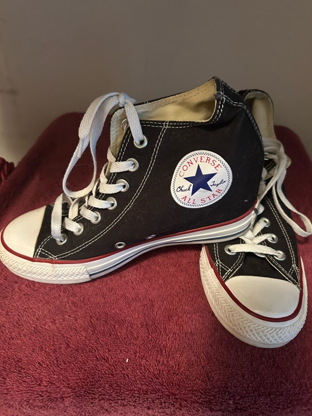 Converse Black and White Womens High-Top Sneakers with Red Trim